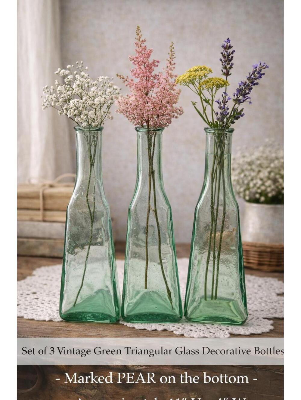 Set of 3 Vintage Green Triangular Glass Decorative Bottles Marked PEAR on Bottom